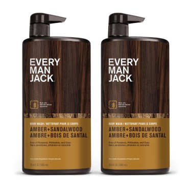Every Man Jack Amber + Sandalwood Hydrating Mens Body Wash for All Skin Types - Cleanse, Nourish, and Hydrate Skin with Naturally Derived Ingredients - Paraben Free, Phthalate Free, Dye Free - 33.8oz