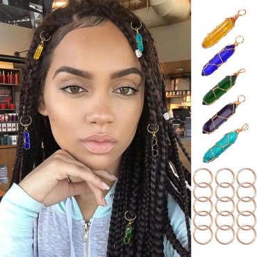 Formery Crystal Hair Jewels for Braids Gold Natural Stone Loc Jewelry for Hair African Colorful Gemstone Coiling Dreadlock Accessories for Black Women (Pack of 5)