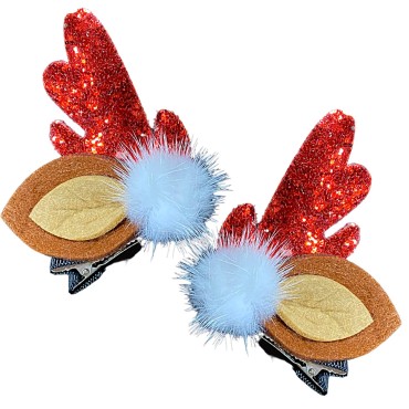 Christmas Sparkly Reindeer Antler Hair Clips, Holiday Themed Hair Accessories with Fuzz Ball, Animal Ears, and Glitter, Ugly Sweater Party Accessory, 2 Clips, 2.75 x 3 Inches Each