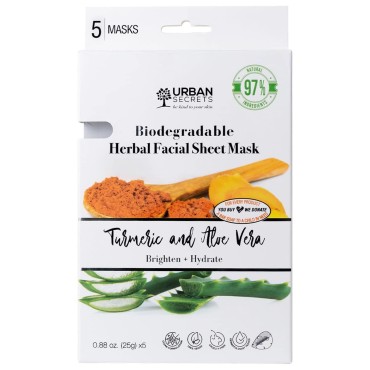Urban Secrets 5 Pack Turmeric & Aloe Vera Herbal Facial Biodegradable Cellulose 2 in 1 Sheet Mask 25g x 5