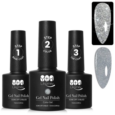 YTD Likomey Reflective Glitter Gel Nail Polish 3 steps All-in-one Set,Flash Silver with Base and Top Coat Manicure Kit,Diamond Disco DJ Sparkly UV Nail Gel,3 x 7.5ml