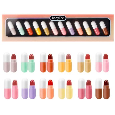 BonyTec MadayFormula Pill Lipstick Mini, 12 Colors Matte Lipstick, Lip Capsules, Waterproof Long Lasting Mini Capsules Lipstick Set Gift for Girls Women