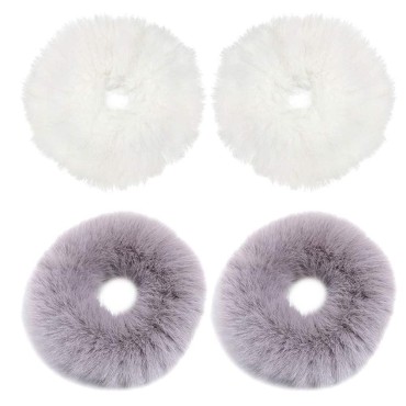 4Pack Furry Hair Scrunchies Fur Hair Ties Ponytail Holder Fuzzy Hair Accessories for Women Girls (Grey and White)