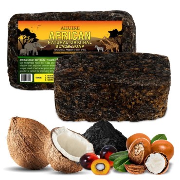 Ahuike- Pure Organic African Black Soap for Rashes, Acne Scars and Dark Spot Remover for Dry Skin and Skin Conditions - Face Soap Bar and Body Wash 16 ounces