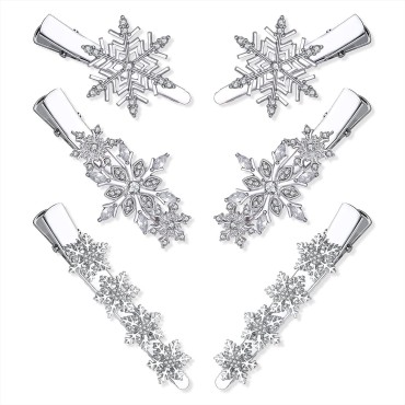 HZEYN 6 PACK Snowflake Hair Clips Sparkly Rhinestone Snowflake Hair Barrette Hair Accessories for Christmas Holiday Women 3 Pairs Mixed