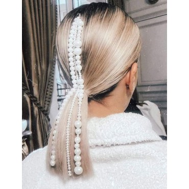 Wekicici Hair Extension Chain Pearl Tassel Hair Chain with Clips Party Gatsby Fashion Wedding Hair Accessories for Women and Girls, white