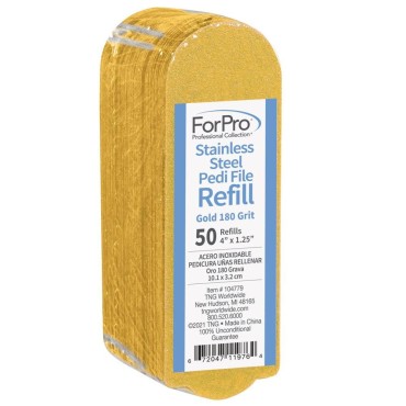 ForPro Professional Collection Stainless Steel Pedi File Refill, 180 Grit, Gold, EZ-Strip Peel Pedicure Refill Pads, 1.25” W x 4” L, 50-Count
