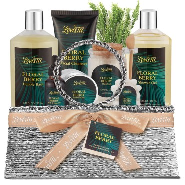 Spa Gift Baskets for Women, Floral Berry Bath & Body Set, Christmas, Mother’s Day & Birthday Gift - Shower Gel, Bath Salt, Bath Soap, Mask, Body Oil, Bubble Bath, Cleanser and Floral Fern