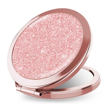 iampanda Compact Rose Gold Mirror for Women,Round Mini Pocket Makeup Mirror for Purse,Rose Gold Glitter Portable Folding Travel Mirror with 2X Magnifying (Pink Scales)