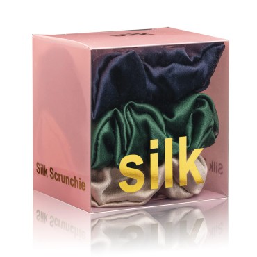 Silk Scrunchies for Hair 100% Mulberry Silk Hair Ties 3 Pack(Navy Blue, Emerald, Apricot)