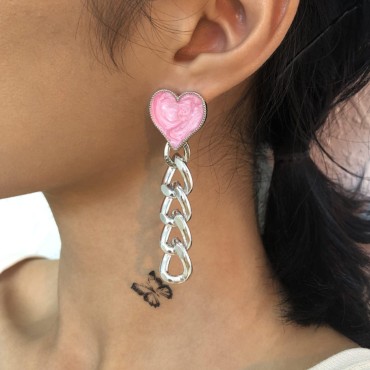 Xerling Statement Forever Love Heart Stud Earrings for Women Punk Silver Chain Link Earrings for Girls Chunky Cuban Chain Dangle Drop Earrings (Hot Pink)