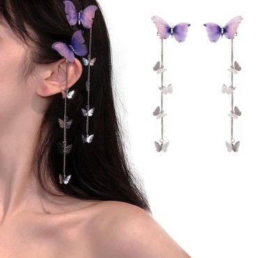 wufawutian Butterfly Hair Pin, 1Pair Purple Hanging Ear Butterfly Girl Hair Styling Clip Headdress Accessory