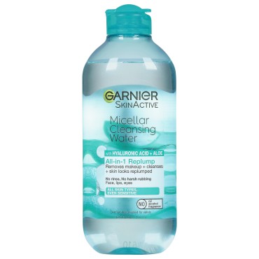 Garnier SkinActive Micellar Cleansing Water, All-In-1 Hydrating and Replumping Makeup Remover + Face Cleanser, With Hyaluronic Acid + Aloe, For Normal To Sensitive Skin, 400 ml