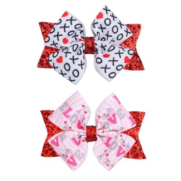 Valentine’s Day Love Hair Clips XOXO Grosgrain Bows Hair Pins Alligator Clips Accessories With Red Glitter Wings For Kids Girls Women