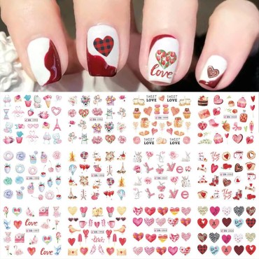 Heart Nail Art Water Transfer Stickers Decals Red Letter Colorful Sliders Valentines for Decoration Watermark Love Designs Women Girls Kids DIY 12PCS, Colorful,red