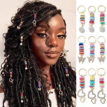 Formery Butterfly Crystals Loc Jewelry Gold Rhinestones Braid Hair Ring Jewels Heart African Dreadlock Accessories Charms for Black Women (9PCS)