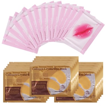 paminify Lip Masks Sheet Moisturizing Crystal Collagen Gold Under Eye Mask Gel Anti-Aging Eye Patches Dark Circle Remover 30 Packs with Box,Gold