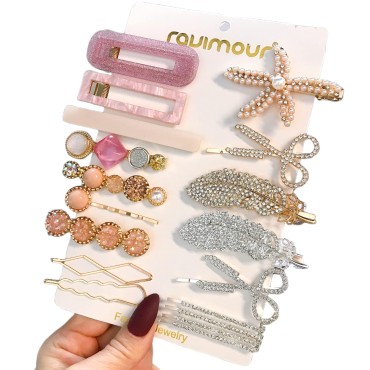 RAUIMOUR 18pcs Women's Hair Clip and Pins Set, Rhinestone Feather Acetate Geometric Barrettes for Girls Wedding Party Styling Tools Luxury Hair Accessories