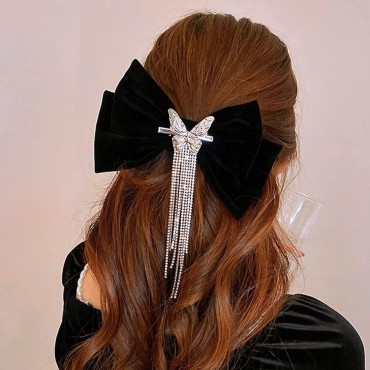 Wekicici Big Bow Hair Clips with Butterfly Rhinestone Tassel Bow Hair Clips Huge Soft Bow Women Barrettes Accessories for Women Girls (Black)