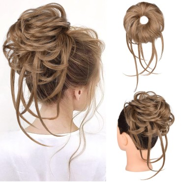HOOJIH Messy Bun Hair Piece, Super Long Tousled Updo Hair Bun Extensions Wavy Hair Wrap Ponytail Hairpieces Hair Scrunchies with Elastic Hair Band HB007 Grace - Deep Blonde and Light Blonde mixed