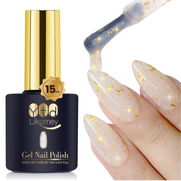 YTD Likomey Nude Gel Nail Polish,15ml Translucent Neutral Jelly Sheer UV Gold Flakes Nail Gel-Milky White Gold Foil