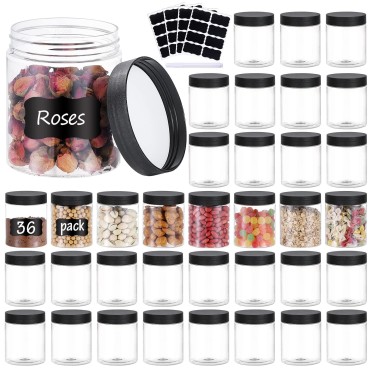 OUSHINAN 36PCS 8OZ Plastic Jars with Screw On Lids, Pen and Labels Refillable Empty Round Slime Cosmetics Containers for Storing Dry Food, Makeup, Slime, Honey Jam, Cream, Butter, Lotion (Black)