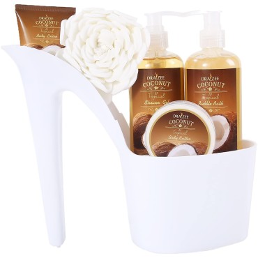 Draizee Spa Basket For Women 5 Pcs Heel Shoe Coconut Scented Bath and Body Home Relaxation Spa Gift Basket Set w/ Body Lotion & Butter, Shower Gel, Bubble Bath Perfect Christmas Gift for Women