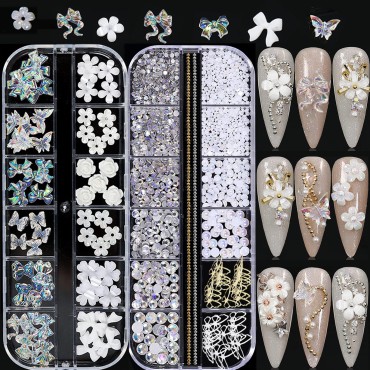 3D Acrylic Butterfly White Flowers Bear Cute Nail Charms Mixed Starry AB Crystal Rhinestones Multi Sizes Gems Stones for Nail Art DIY Jewelry Accessories Crafting
