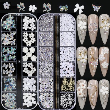 3D Acrylic Butterfly White Flowers Bear Cute Nail ...