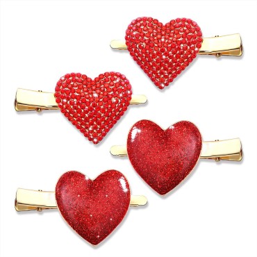 HZEYN 4 Pack Valentine's Day Heart Hair Clips Glitter Red Hearts Alligator Hair Clips Sparkly Hairpins Holiday Hair Accessories for Women Girls Gift Red