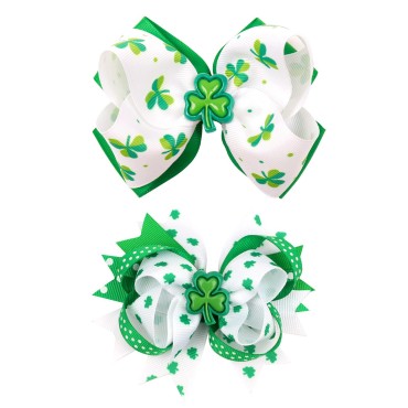 St Patrick's Day Large Hair Bows 2 layers Grosgrain Ribbon Bowknots Boutique Alligator Hair Clips Irish Green Shamrock Hairpin Accessories for Kids Girls Women