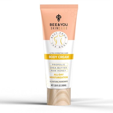 BEE and YOU Ultra Hydrating Natural Body Cream, Fast Absorbing & Extra Protection with Shea Butter, Argan Oil, Vitamin B5, Raw Honey and Bee Propolis, 3.38 fl. oz