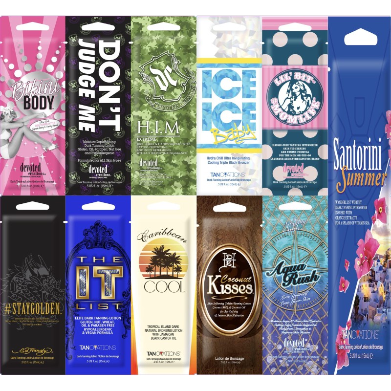 10 New Tanning Lotion Sample Packets, Gluten Free - Major Brands Bronzer & Intensifier - 10 Assorted Packets (11 Packets), All