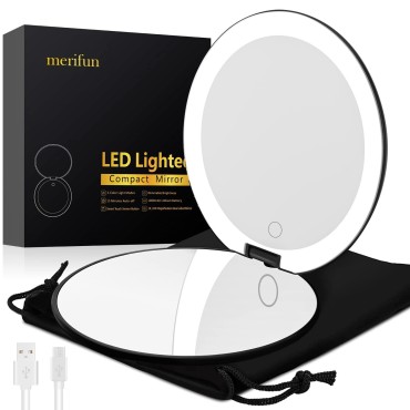 LED Lighted Travel Makeup Mirror, 5 Inch 1X/10X Magnification- Rechargeable, Medical Grade LED, Touch Screen, 3 Colors Light Modes & Brightness Dimmable Compact Mirror with Light (Black)