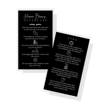 Brow Henna Aftercare & Tips Cards | Physical Printed 2 x 3.5” inches Business Card Size | Brow Artist Supplies | Henna Brow Care | Black and White Design