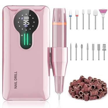ENGERWALL Portable Nail Drill Professional 35000 RPM, Rechargeable Electric Nail File Machine E File for Acrylic Nails Gel Polishing Removing, Cordless Efile with Bits Kit for Manicure Salon Home
