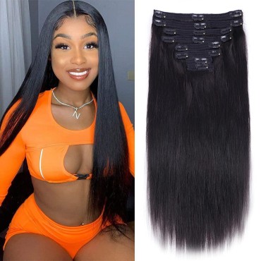 Nvnvdij Straight Clip in Hair Extensions Human Hair 8pcs Per Set with 18Clips Double Weft Clip in Human Hair Extensions Brazilian Virgin Human Hair Natural Black Color For Women (24 Inch, Straight Hair)