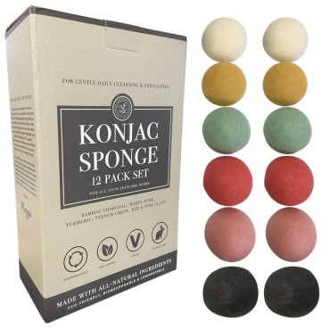 Konjac Sponge Set 12 Pack- Bulk Activated Bamboo Charcoal Facial Sponge Gentle Face Cleansing and Exfoliating Deep Turmeric, French Green, Rose and Red Clay for Face and Body by Bare Essentials Living