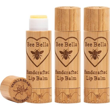 Bee Bella Lip Balm Vanilla Bean (3 Pack) With Beeswax, Coconut Oil, Jojoba Oil, Vitamin E Oil, Argan Oil and Long-Lasting Moisture - Handmade in the USA - Lip Balm Stocking Stuffers, Christmas Gifts