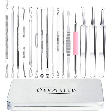 Dermated [16 Pack] Blackhead Remover Tools Pimple Popper Tool Kit | Stainless Steel Professional Pimple Extractor Tool Kit for Blackheads, Blemish, Comdone, Acne, Zit, and Whiteheads for Face & Nose