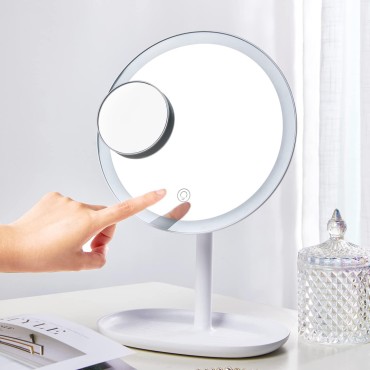 Rechargeable Makeup Mirror with Lights, 1X/5X Magnifying Vanity Mirror with 64 LED Lights, Touch Adjustable 3 Color Lighting Modes Dimmable Lighted Makeup Mirror, Portable Cosmetic Mirror for Travel