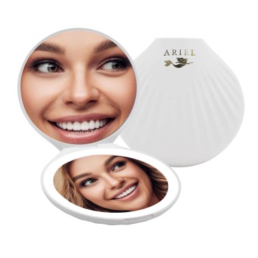 Impressions Vanity Ariel Seashell Compact Mirror with Adjustable Brightness, Portable Cosmetic Mirror with Soft Touch Sensor and 2X Magnification (White)