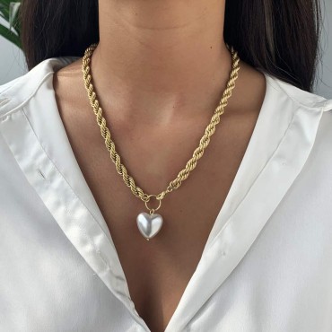Wekicici Single Pearl Heart Pendant Necklace Gold Plated Cable Chain Necklace Dainty Love Heart Rope Chain Necklace for Women Girls Mother's Day