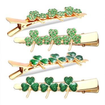 St.Patrick’s Day Hair Clips Crystal Glitter Shamrock Hairpins Green Lucky Leaf Embellished Gold Alligator Hair Clips for Party Gift (2 Pairs Lucky Clover Clips)