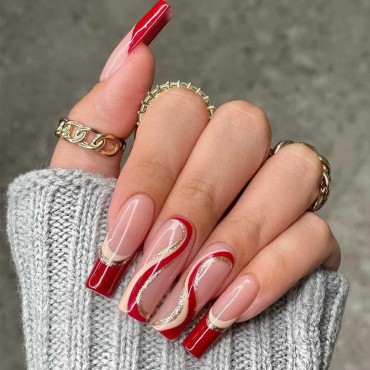 Foccna Luxury Coffin Red Press on Nails French Long Fake Nails Acrylic Glossy Swirls Bling False Nails Prom Nails Women's 24 pcs 