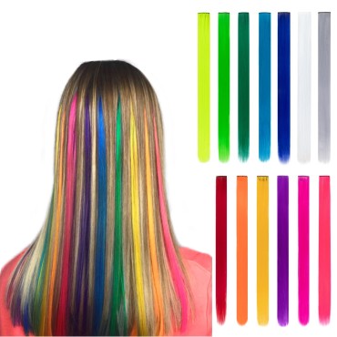 13 Pcs Colored Hair Extensions 20 Inch Colorful Party Highlights Multi-Colors Clip in Synthetic Straight Rainbow Hairpieces for Women Kids Girls(13 colors/pack)