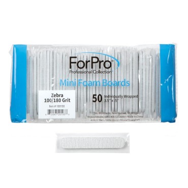 ForPro Mini Foam Board, Zebra, 100/180 Grit, Double-Sided Manicure Nail File, Individually-Wrapped, 3.5” L x .5” W, 50-Count