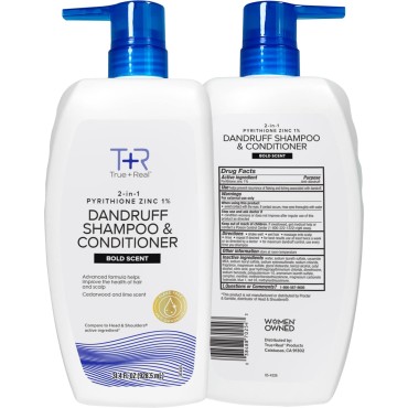 True+Real Mens 2 in 1 Anti Dandruff Shampoo + Conditioner Scalp Care 31.4 oz, 2 pack
