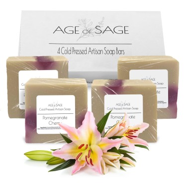 Age of Sage Handmade Natural Bar Soap Gift Set - 100% All Organic Vegan Bath Moisturizing Handmade Artisan Scented Cold Process Fragrant Soaps with Essential Oil - 4 Pack (Pomegranate Cherry)