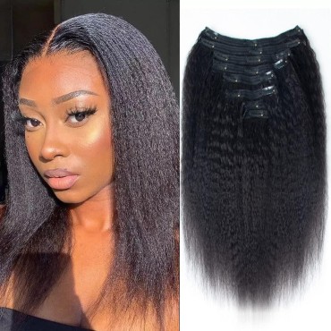 Nvnvdij Hair Extensions Clip in Human Hair 8pcs Per Set with 18Clips Double Weft Clip in Human Hair Extensions Brazilian Virgin Human Hair Natural Black Color For Black Women (14 Inch, Natural Black Kinky Straight)